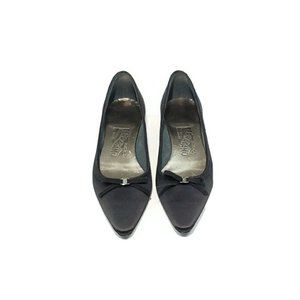 Salvatore Ferragamo Flats Pointed Toe Bow Black Satin Slip On Womens US 6 B